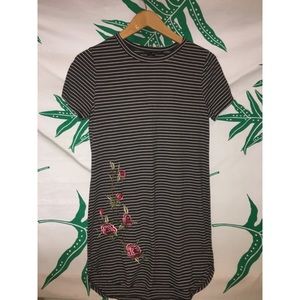Rose Embroidered Striped T Shirt Dress